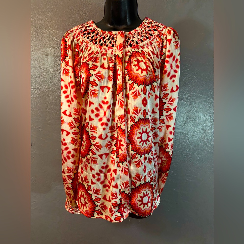 Calligraphie Anthro Womens Red & White Floral Satin Button Down Blouse